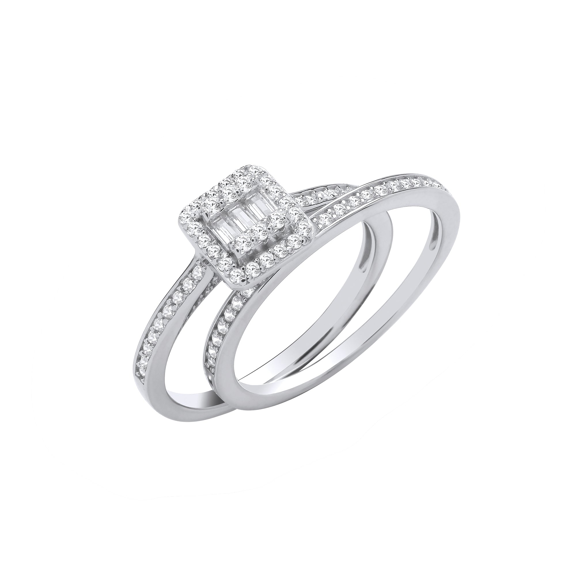 Silver Bridal Set Baguettes Centre & Round CZs Half ET Rings
