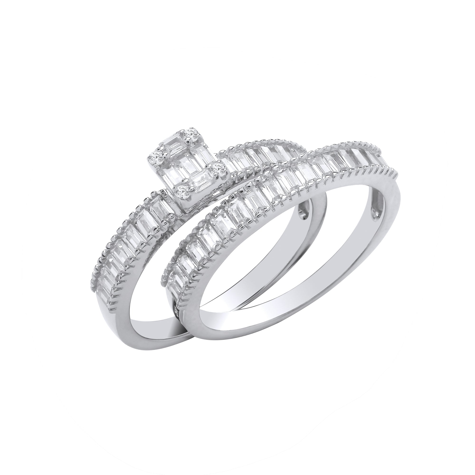 Silver Bridal Set Baguette CZs Half ET Rings