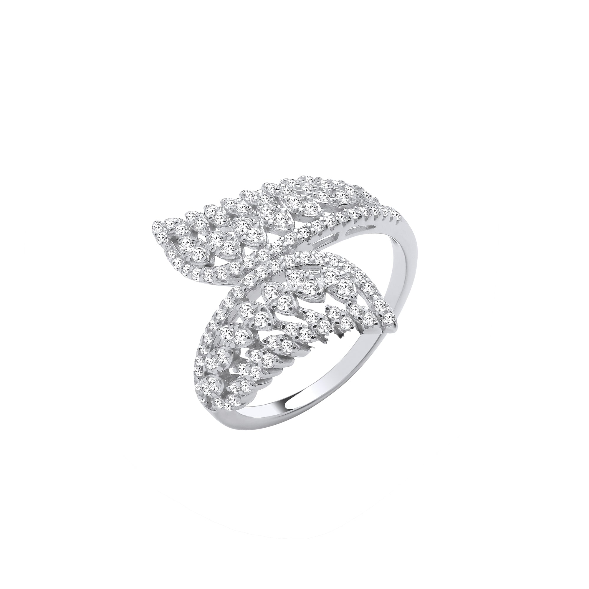 Silver Cross Over Leaf Style CZs Rings