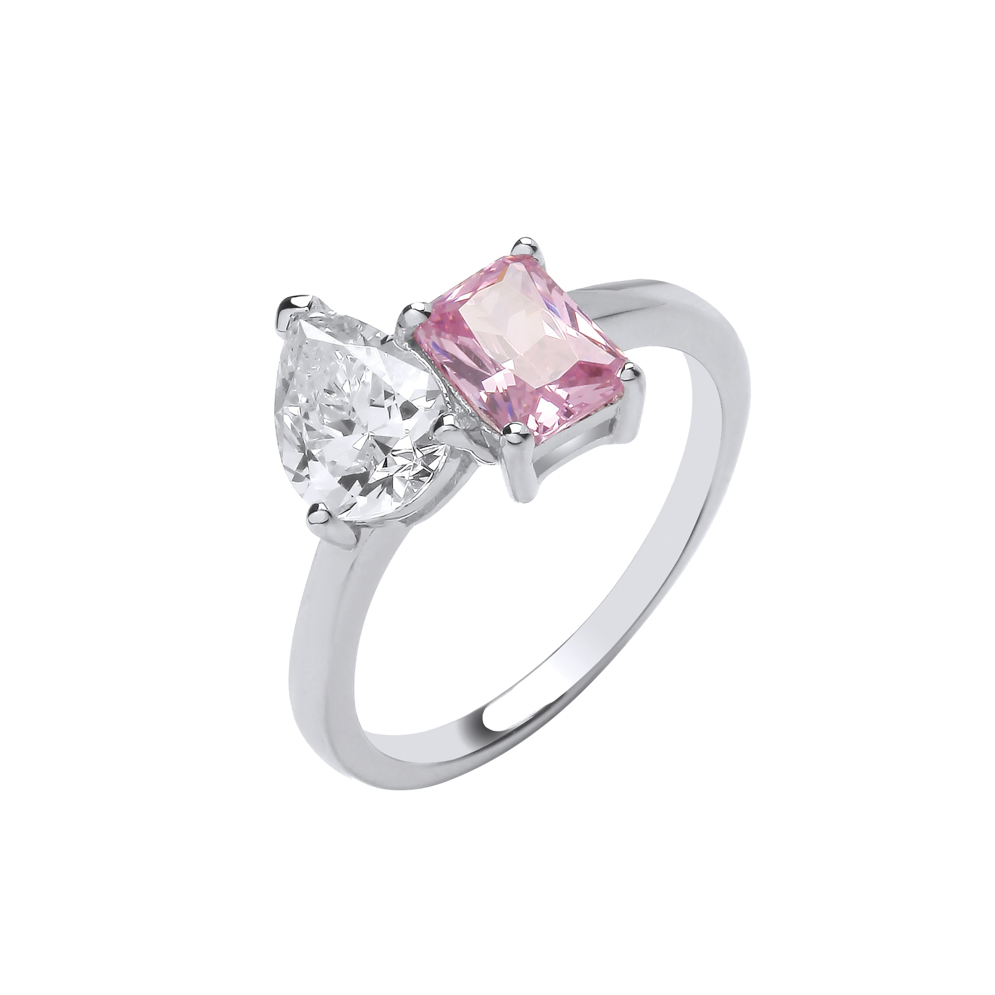 Silver Cross Over Pear Clear Cz & Pink Cz Ring