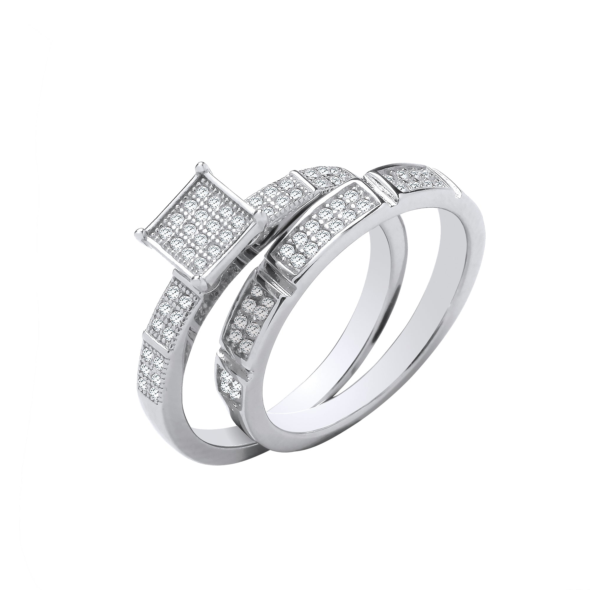 Silver Bridal Set Square Top CZ Half ET Rings