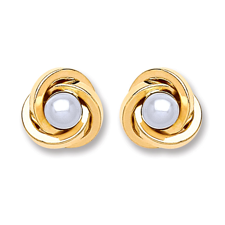 9ct Gold Simulated Pearl Knot Studs