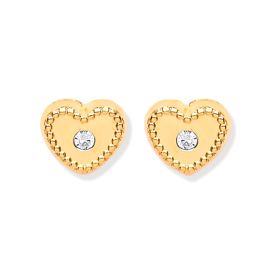 9ct Y/G Heart Ribbed Edge with CZ Studs