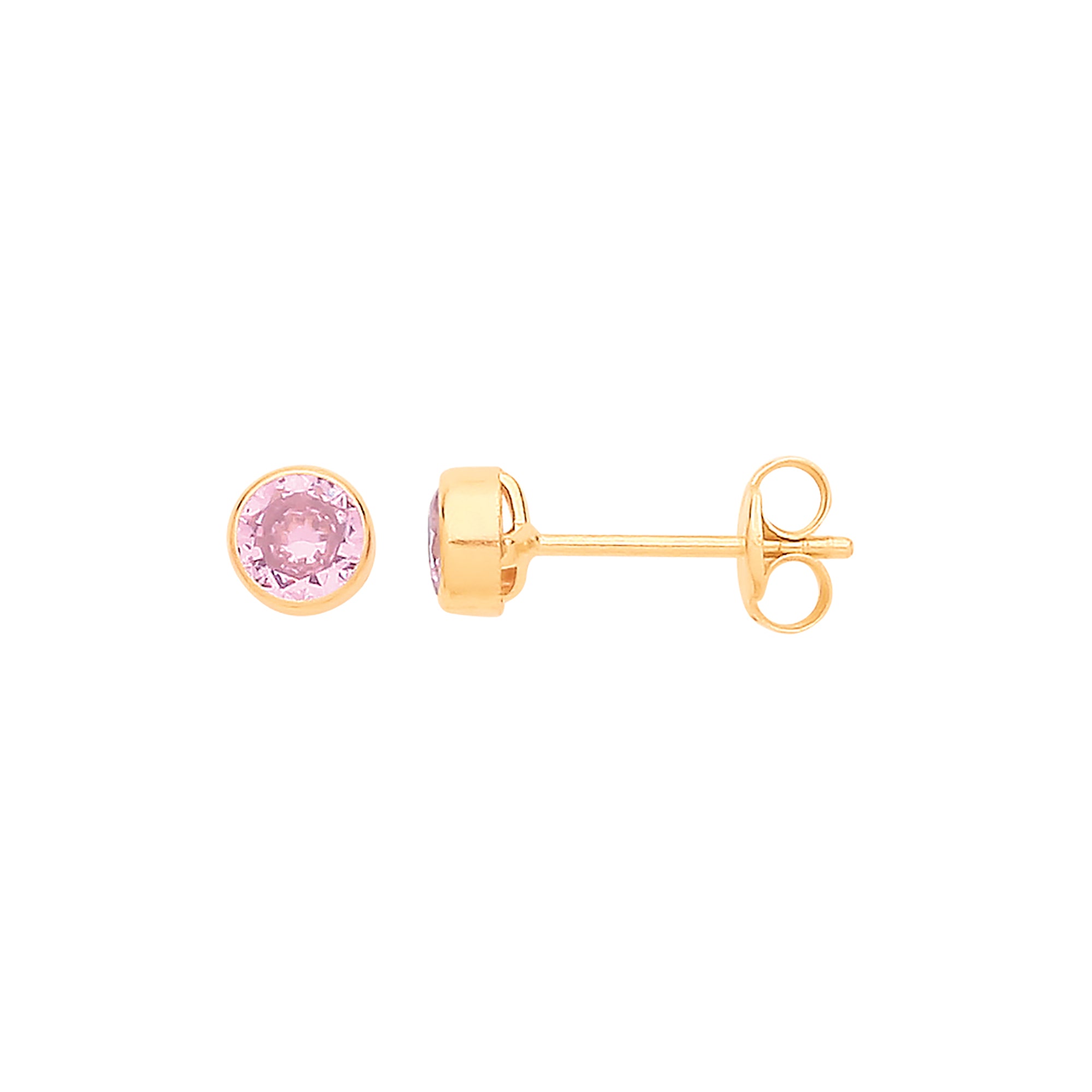 9ct Y/G 4mm Rubover Set Pink CZ Studs