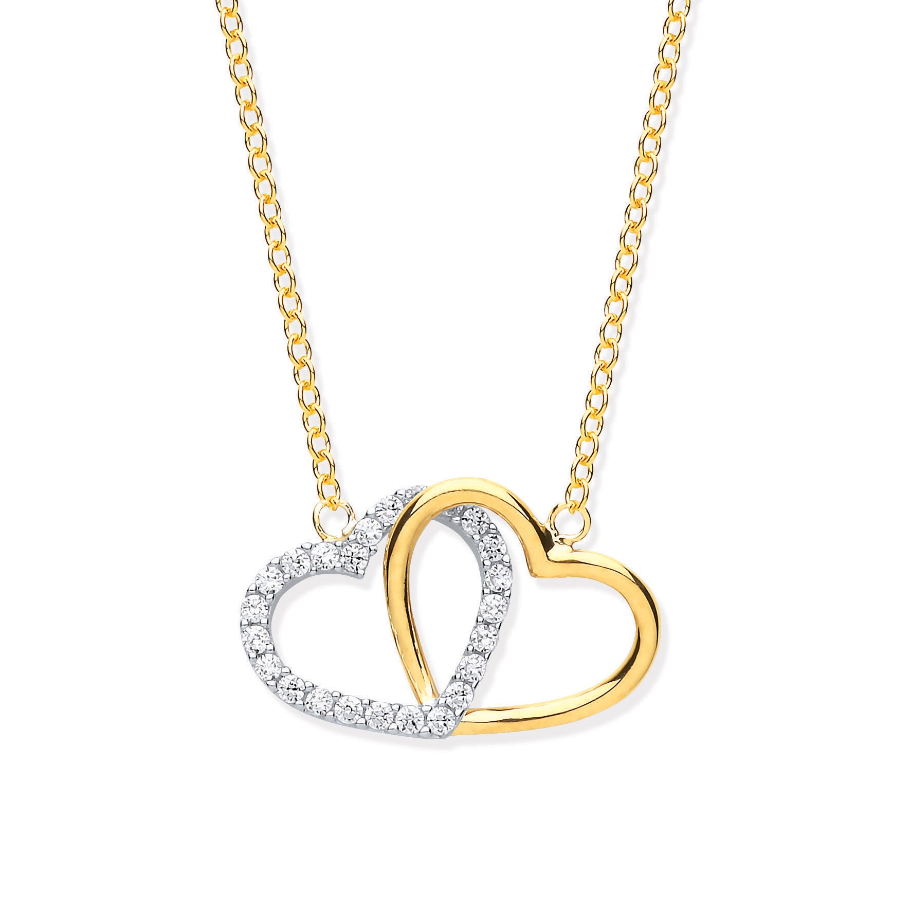 Y & W/G Plain and CZ Joined Hearts Pendant on 18" Chain