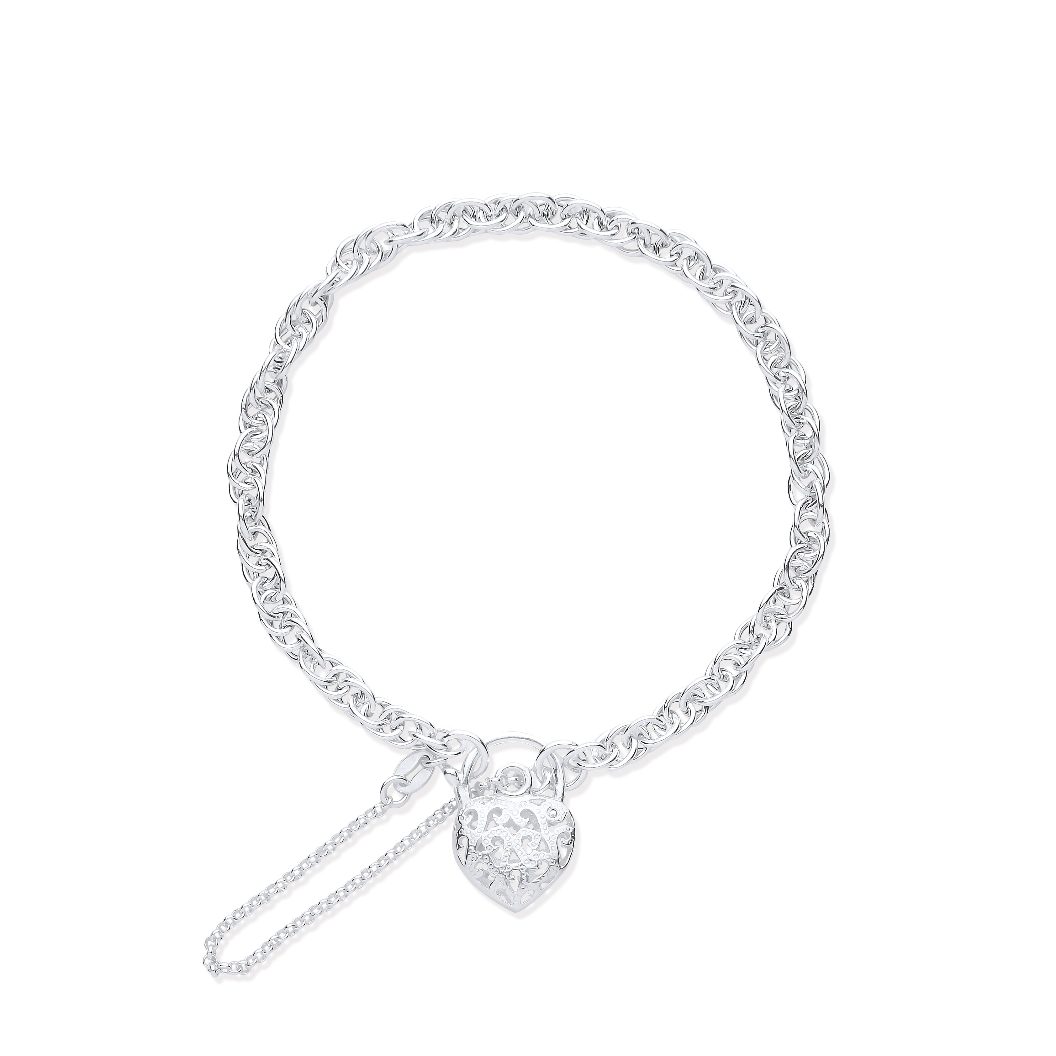 Silver Padlock Charm Bracelet with Safety Chain