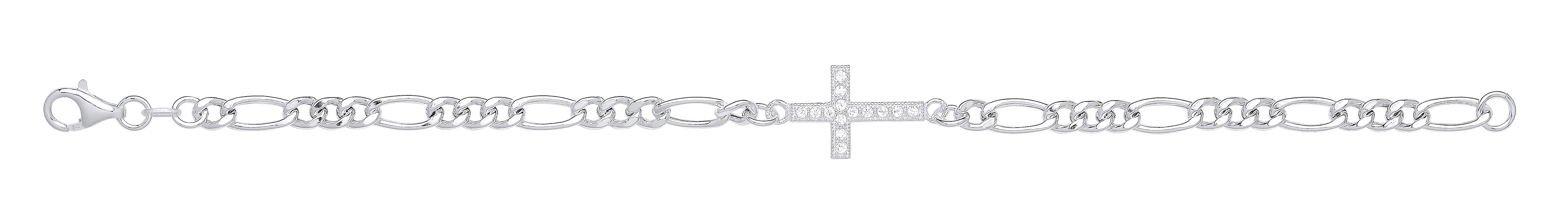 Silver Figaro Chain with Cz Cross Bracelet