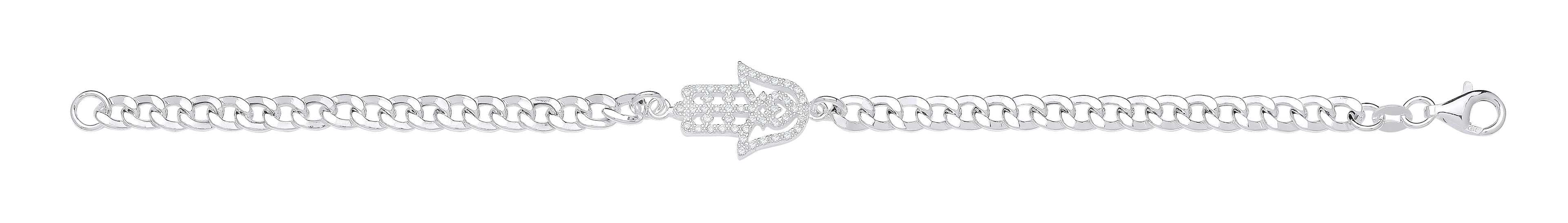 Silver Flat Curb Chain with Cz Hamsa Bracelet