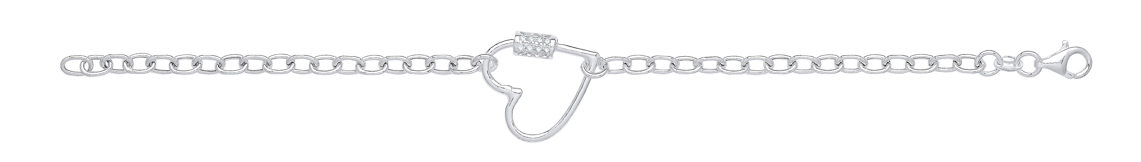 Silver Oval Link Chain , Heart Cz Charm Bracelet