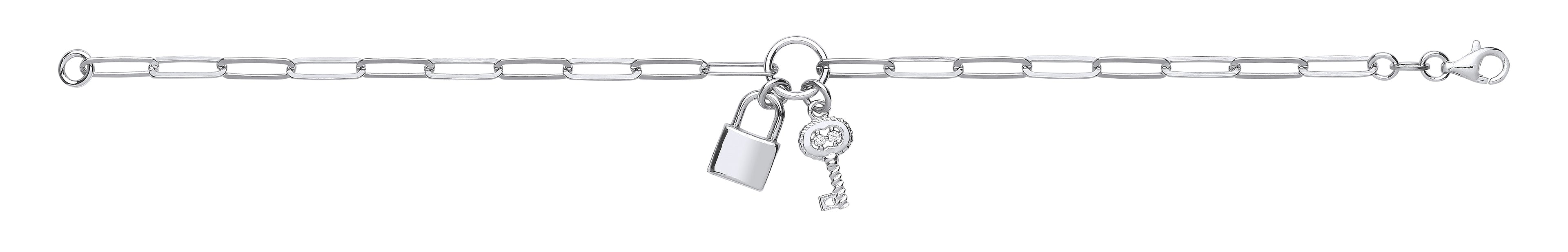 Silver Paper Clip Chain , Padlock & CZ Key Bracelet