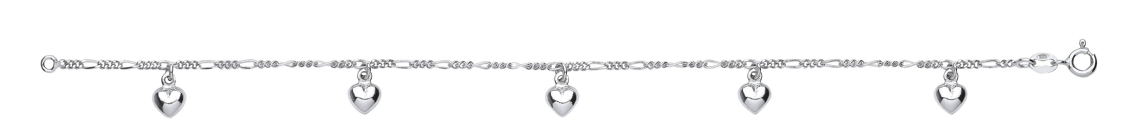 Silver small figaro chain with heart charms bracelet