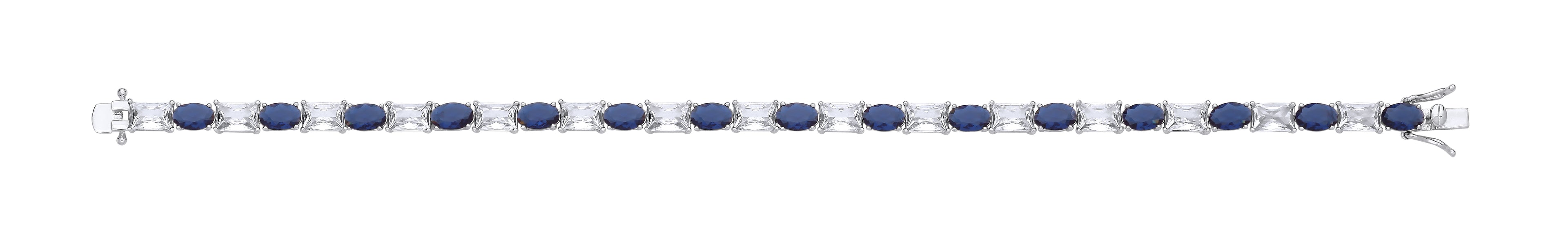 Silver Oval Sapphire Blue Glass & Clear Emerald CZs Tennis Bracelet