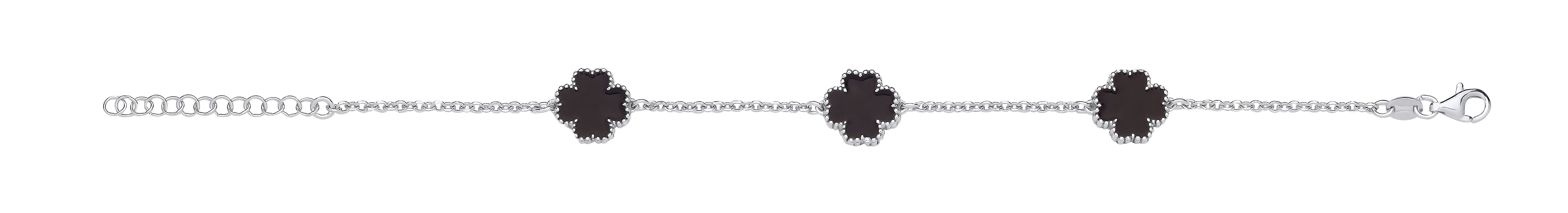 Silver BLACK Enamel Four Leaf Clover Bracelet 7"