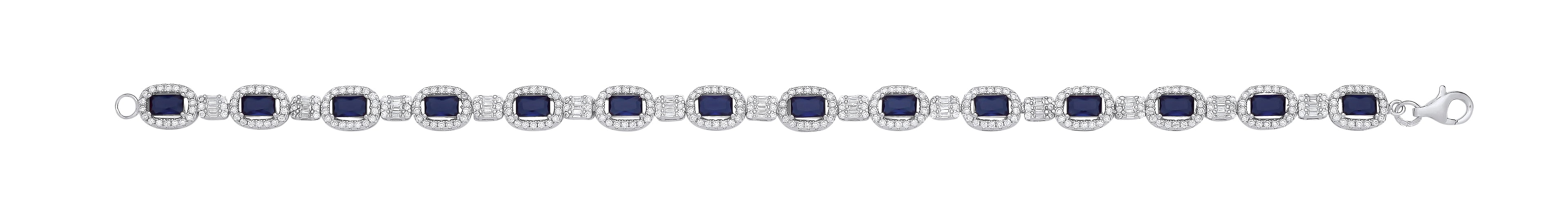 Silver Clear CZ & Blue Sapphire Glass Halo Style Ladies Bracelet