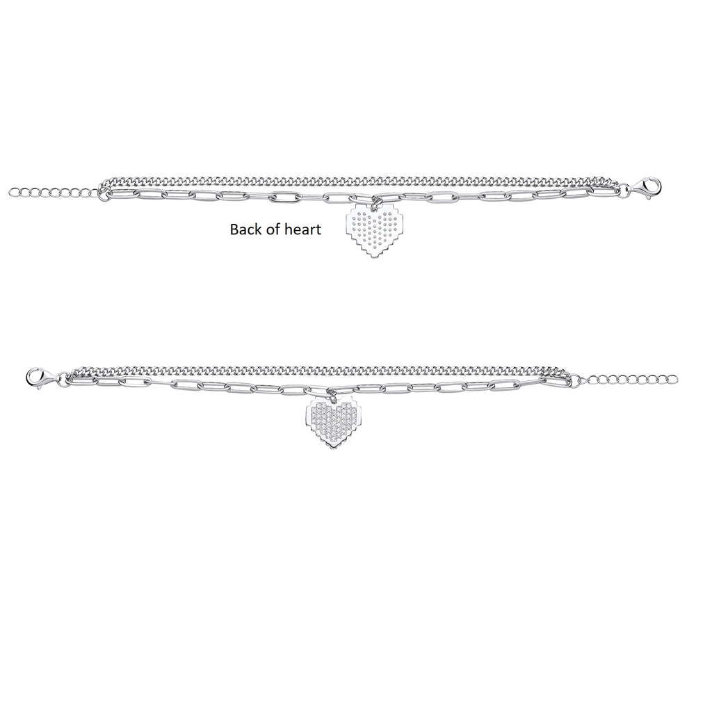 Silver Curb & Paper Clip Chain with CZ Heart Bracelet - view 2