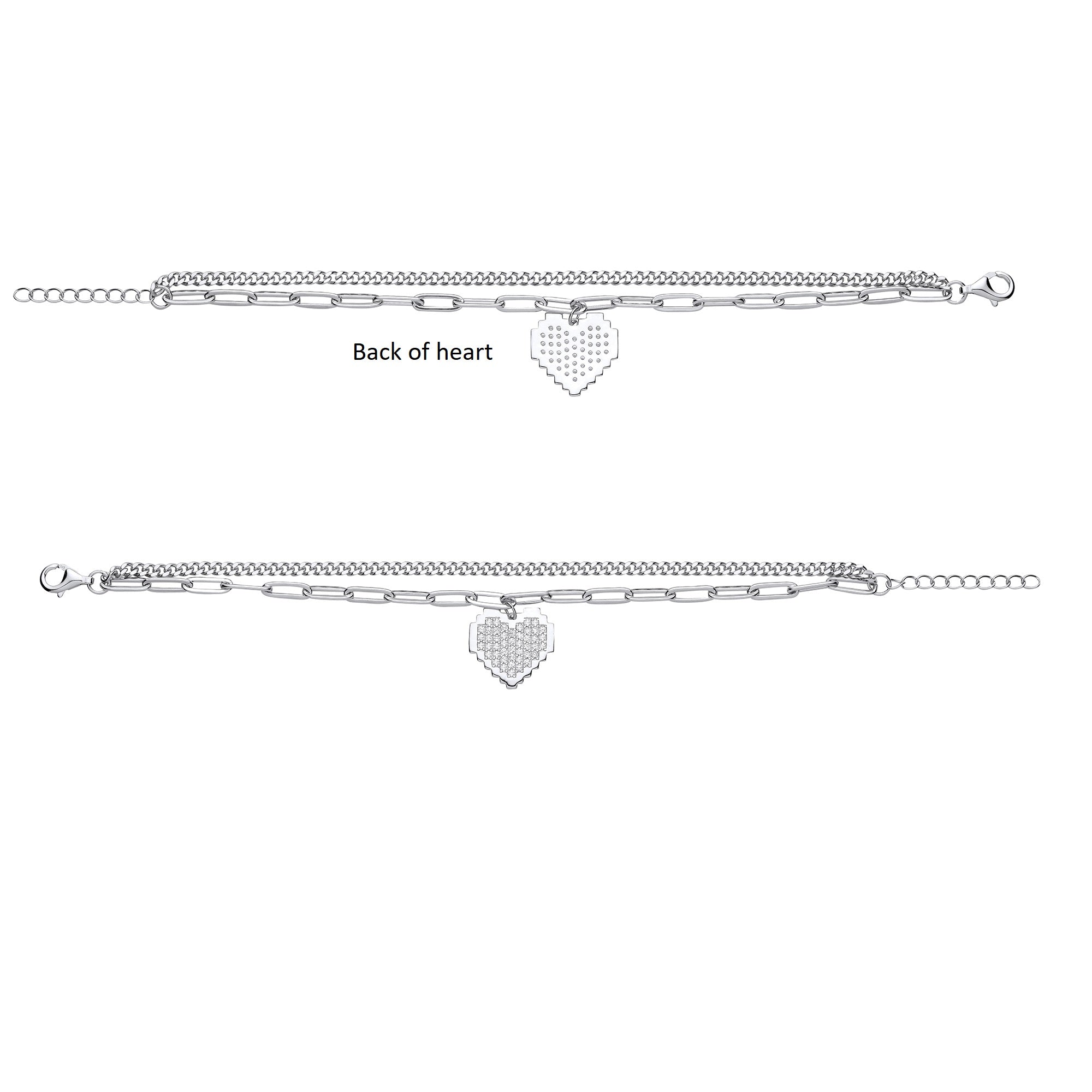 Silver Curb & Paper Clip Chain with CZ Heart Bracelet - view 2
