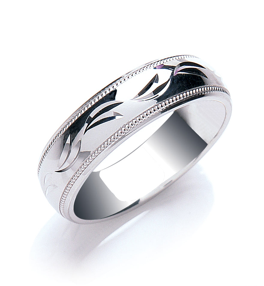 6mm Court Millgrain Edge and Diamond Cut Design Wedding Band