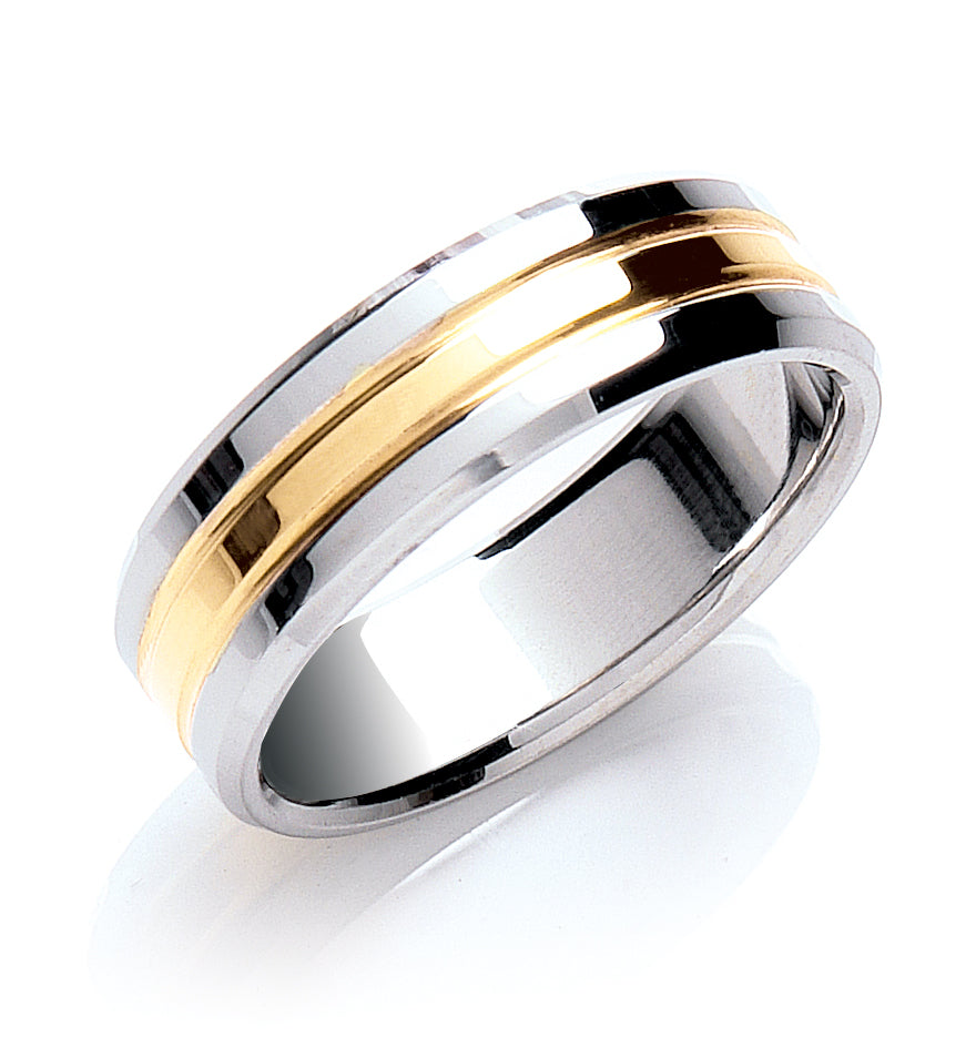 7mm Flat Court Bevelled Edge Polish Two Colour Wedding Band