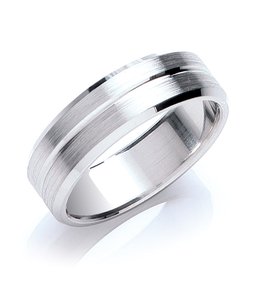 7mm Flat Court Bevelled Edge Centre Groove Matt Wedding Band