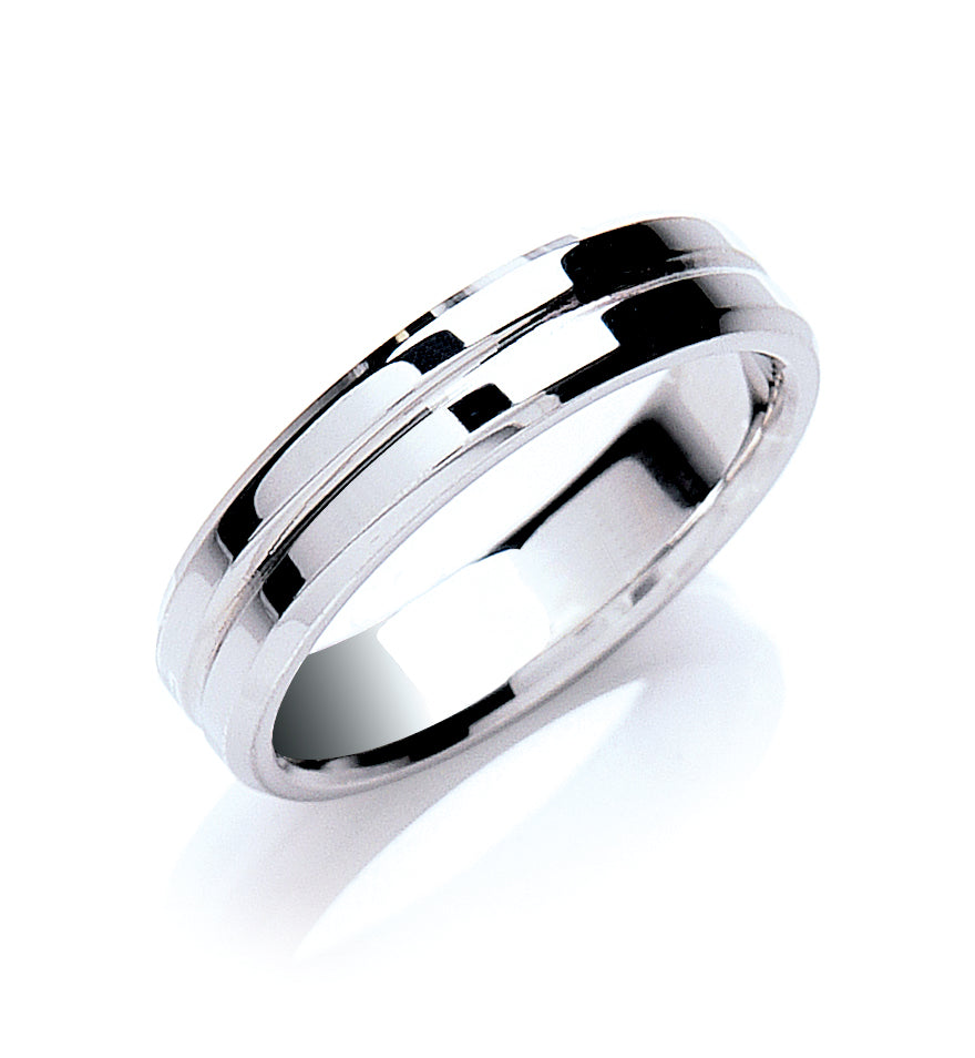 5mm Flat Court Bevelled Edge Centre Groove Polish Wedding Band