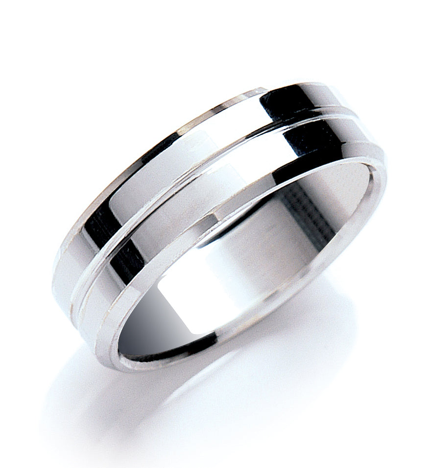 7mm Flat Court Bevelled Edge Centre Groove Polish Wedding Band