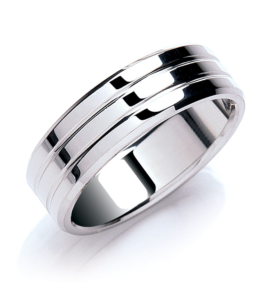7mm Flat Court Bevelled Edge and Grooves Wedding Band