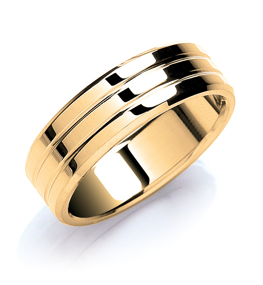 7mm Flat Court Bevelled Edge and Grooves Wedding Band - view 2