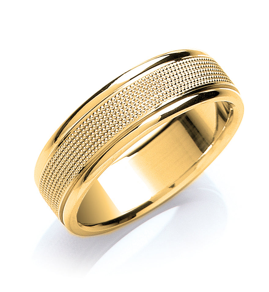 7mm Flat Court Mill Grain Centre Wedding Band - view 2