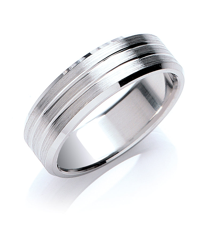 7mm Flat Court Bevelled Edge Matt and Grooves Wedding Band