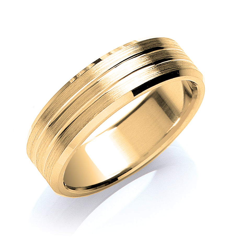 7mm Flat Court Bevelled Edge Matt and Grooves Wedding Band - view 2