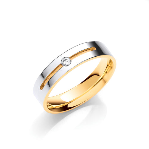 0.05ct Diamond Set 5mm Yellow White Flat Court Wedding Band