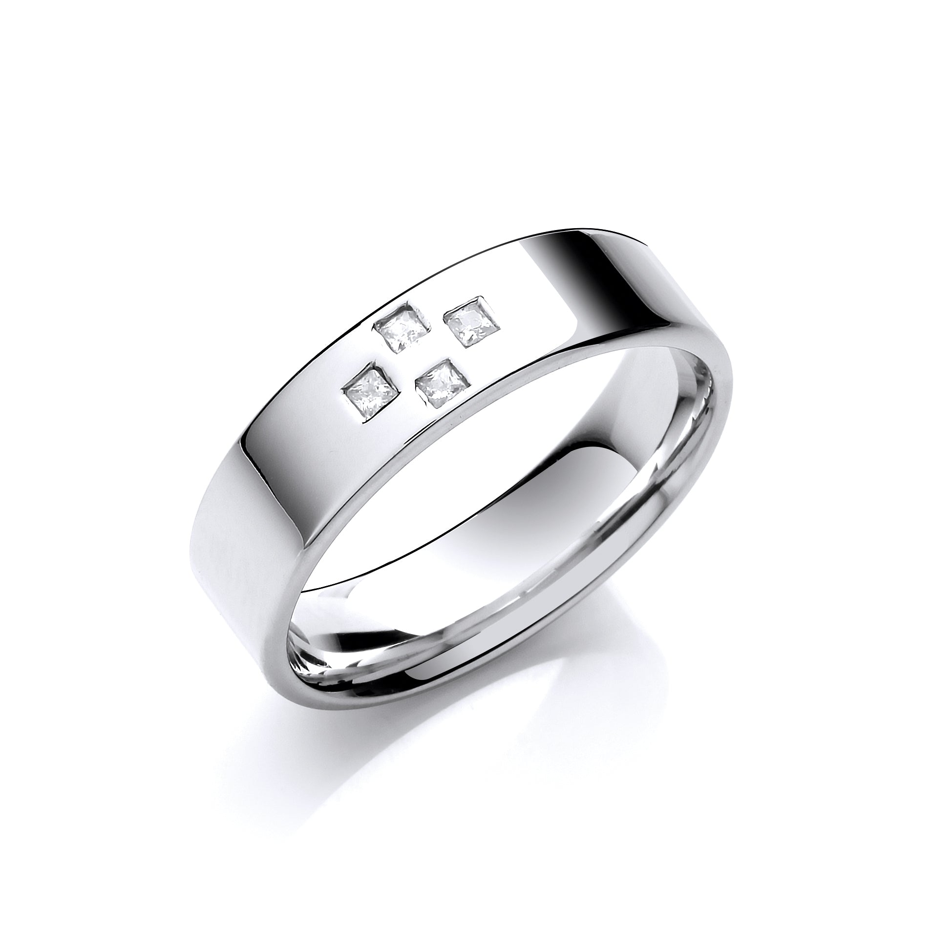 0.08ctw 4st Princess Cut Diamond Set 6mm Flat Court Cross Style Wedding Band
