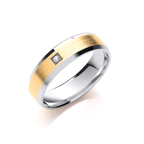 0.02ct Diamond Set 6mm Flat Court Bevelled Edge Matt Centre Wedding Band